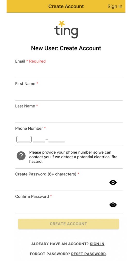 ting sensor app screen - create account
