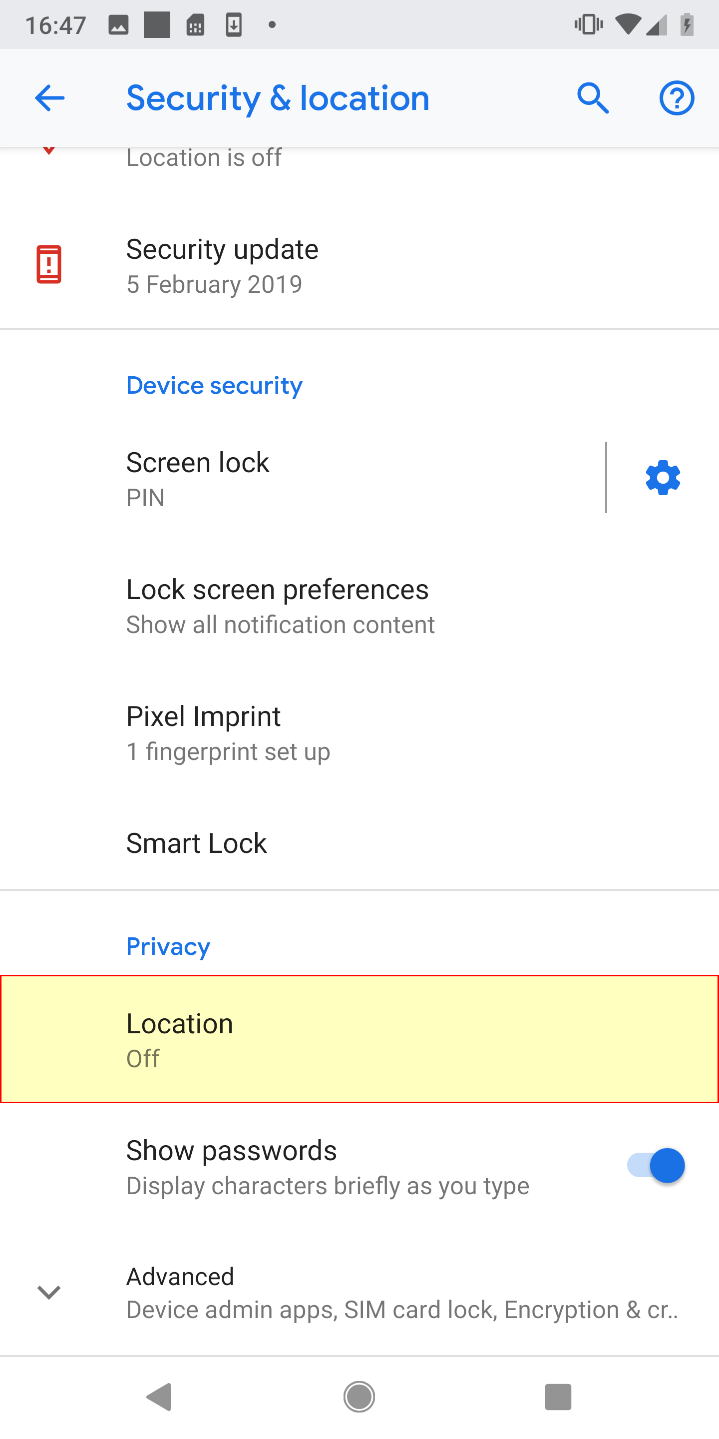 Android Location Services menu