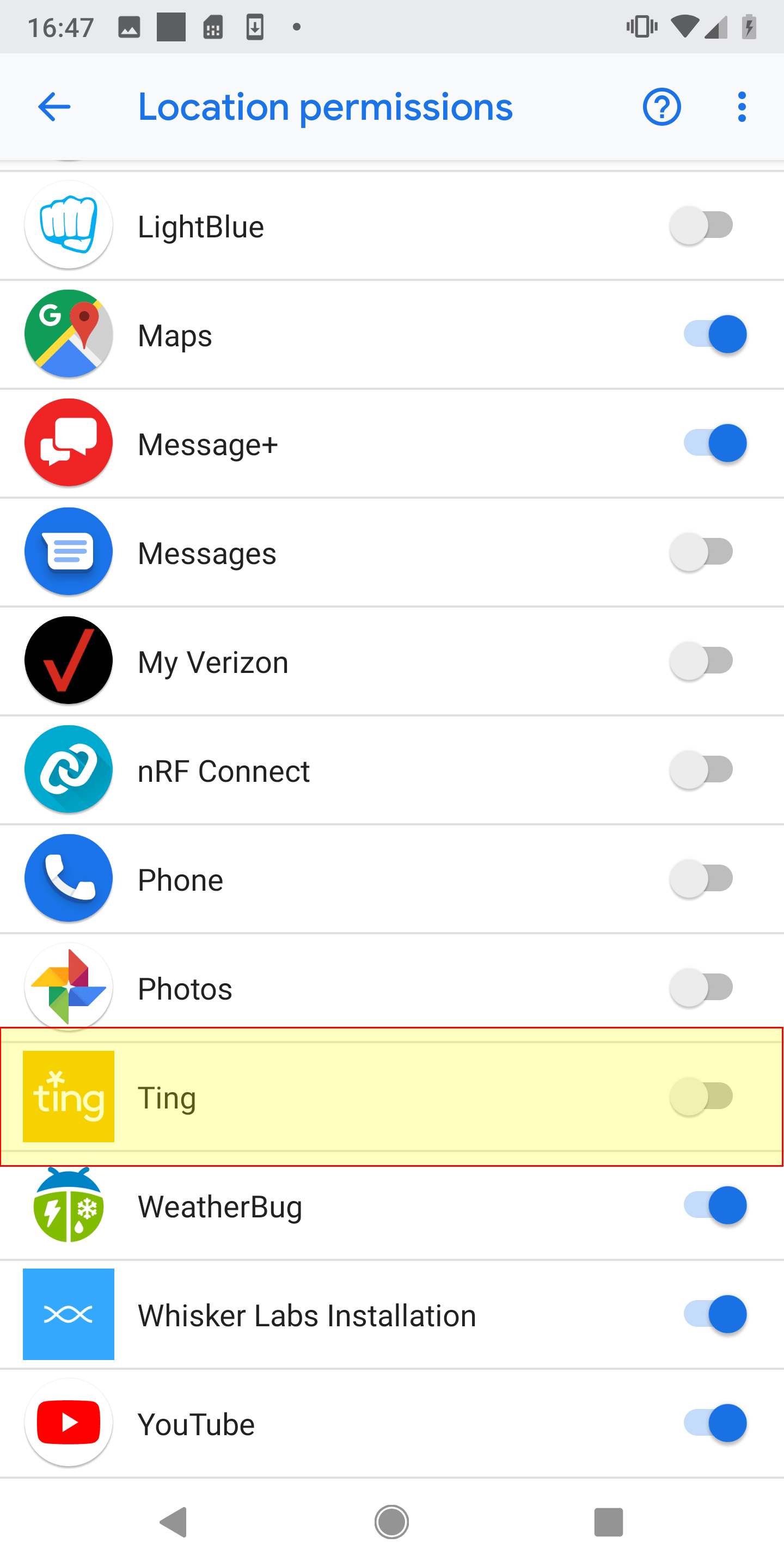 Ting app in location permissions