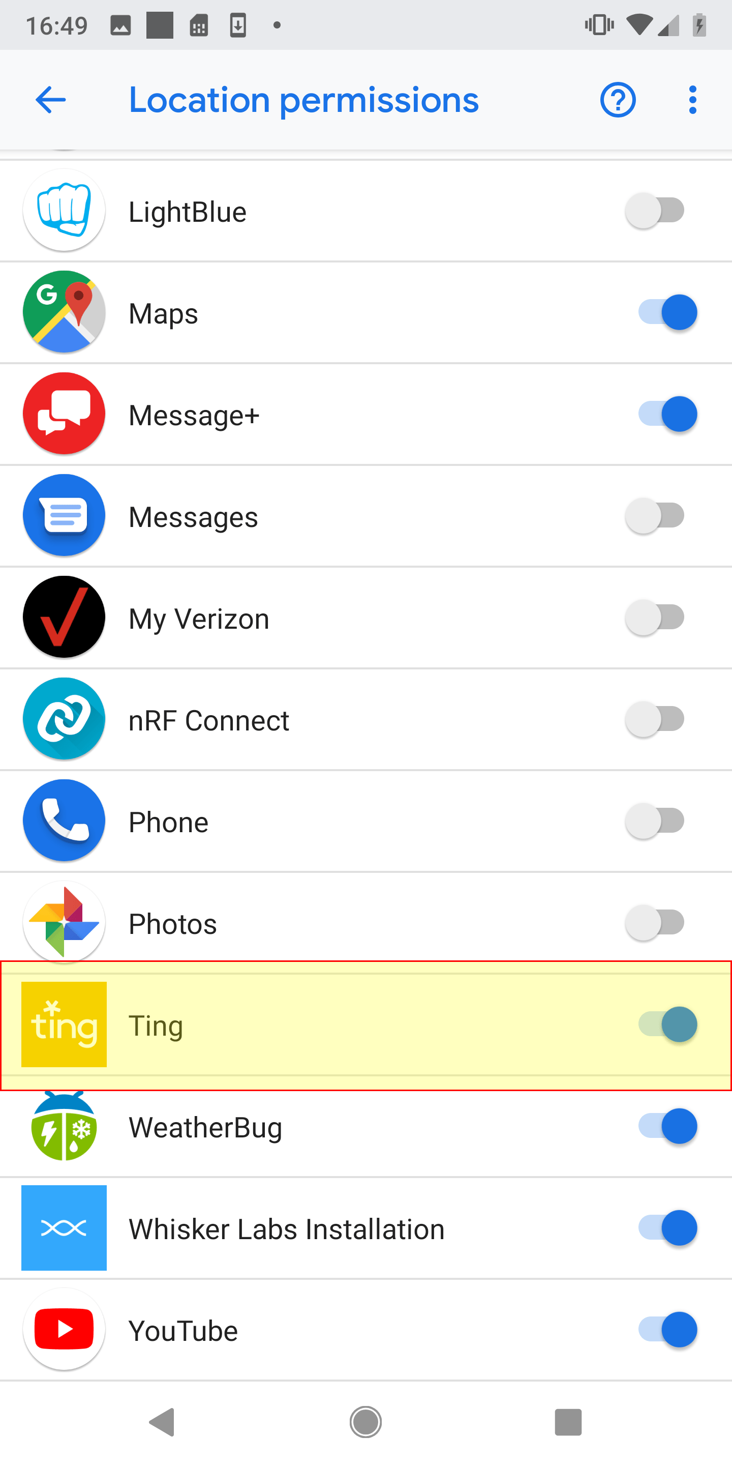 Ting location permissions enabled