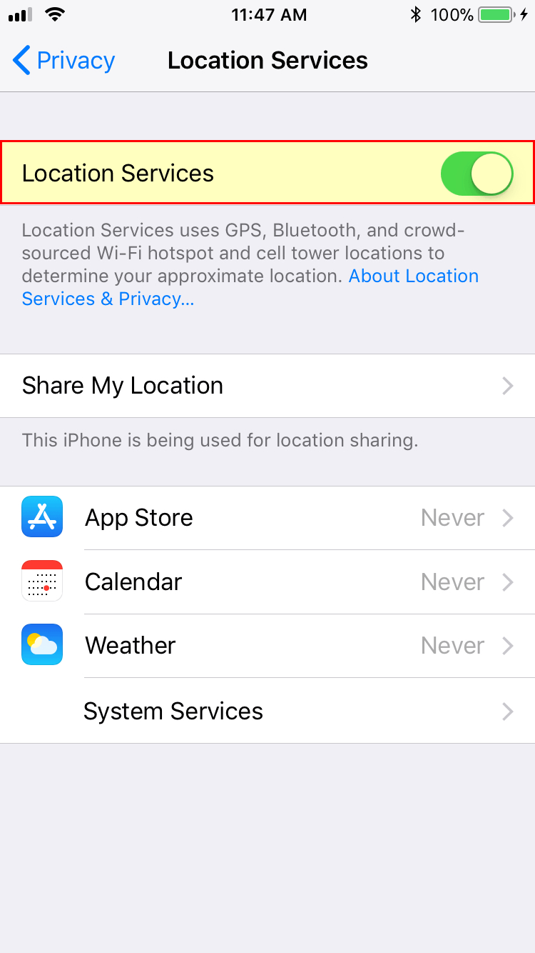 iOS Location Services toggle
