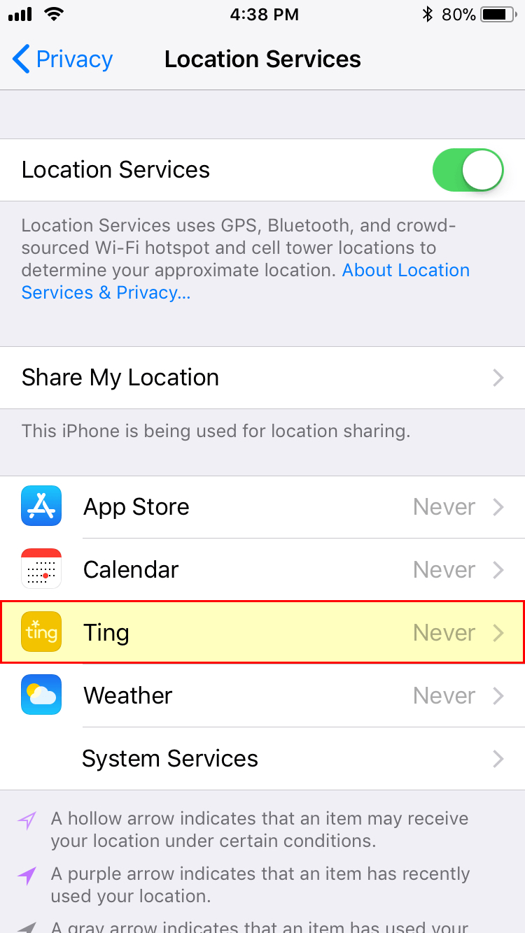 Ting app in Location Services