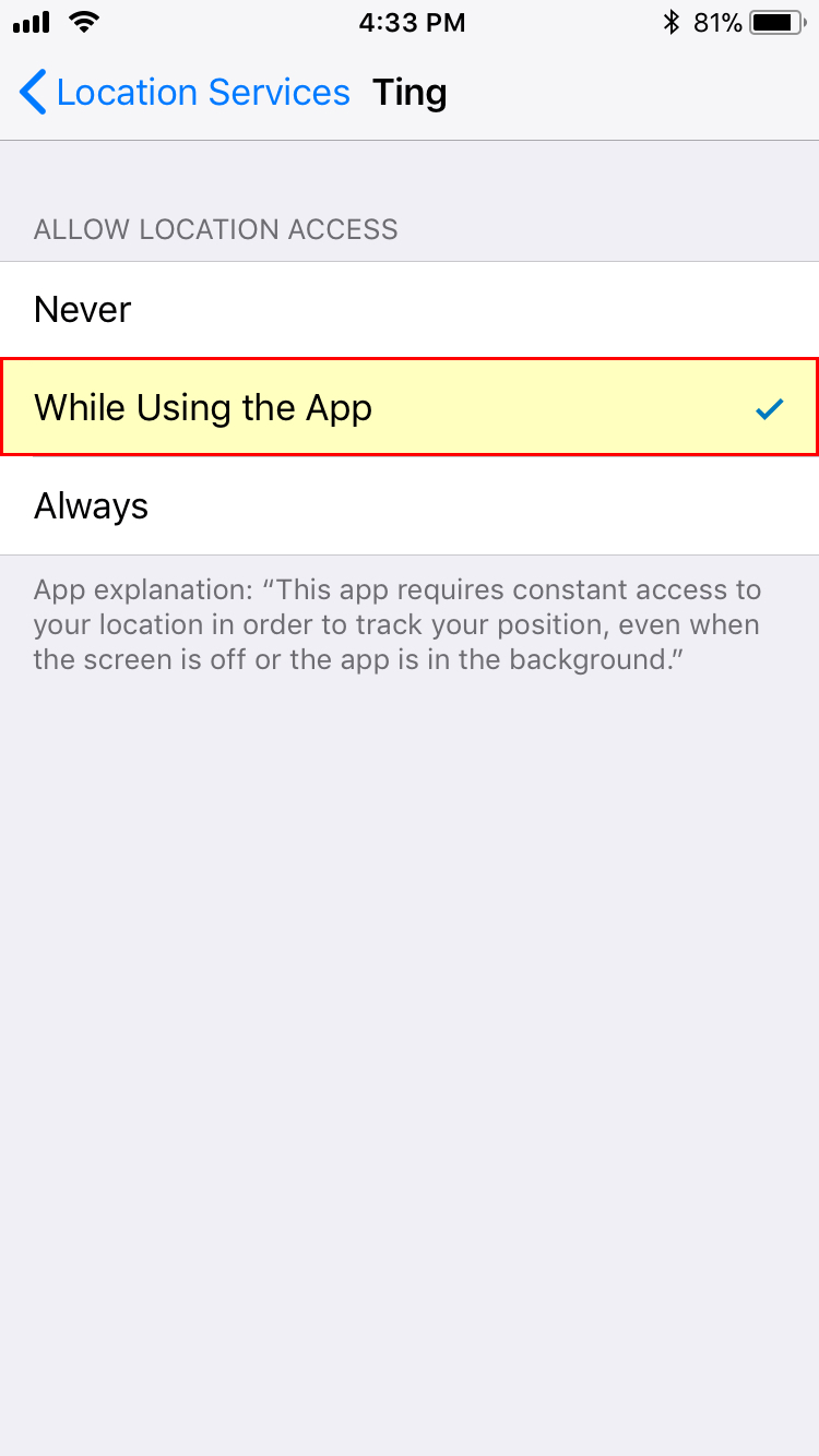 Location permission set to While Using App