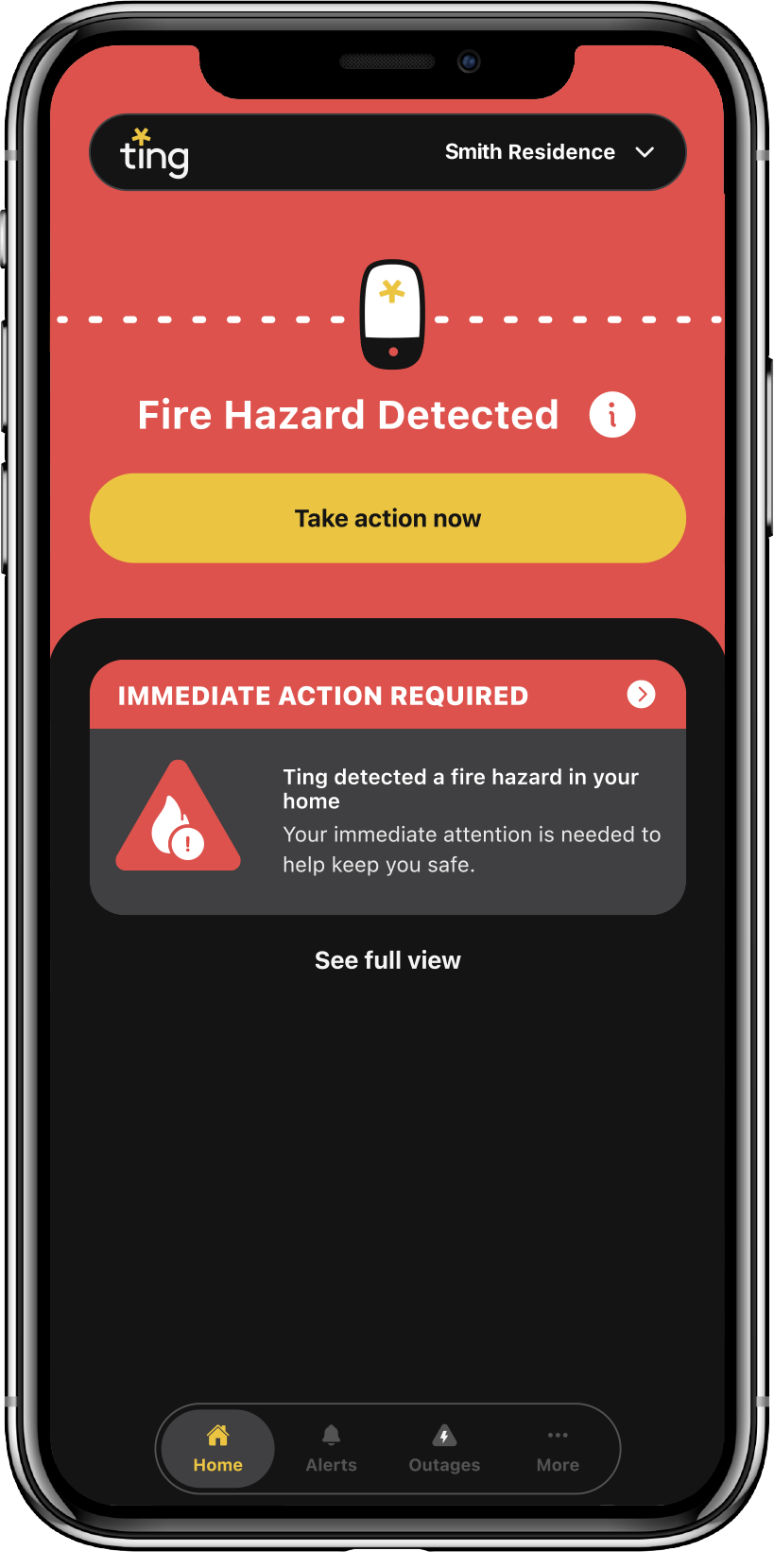 Ting Sensor app home screen indicating a utility fire hazard